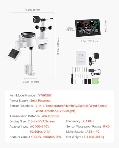 VEVOR 7-in-1 Wi-Fi Weather Station with APP, 7.5-Inch VA Display, Wireless Solar Powered Outdoor Sensor, Rain Gauge, Indoor Outdoor for Weather Forecast, Wind Speed, Temperature, Humidity, Rainfall - style: 7-in-1 WiFi with APP