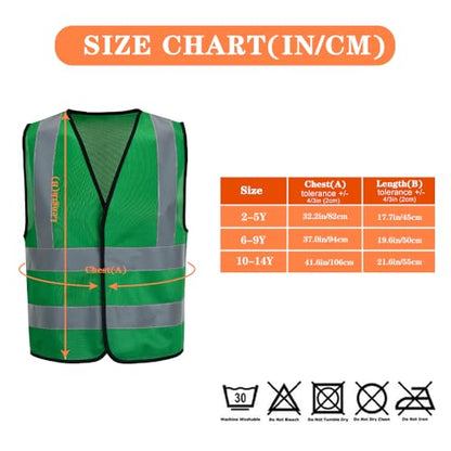 AYKRM Kids High visibility viz vest hi vis viz reflective safety vests - color: Green, size: 2-5Y