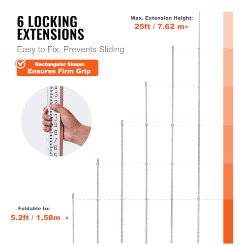 VEVOR Aluminum Grade Rod, 25-Feet/10ths 6 Sections Telescopic Measuring Rod,Double-Sided Scale 1/10ft Leveling Rod Stick,Aluminum Alloy Survey Rod w/Bubble Level &Carrying Bag for Houses,Walls,Floors - size: 25 FT-10ths