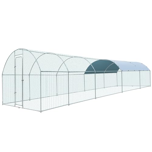 Extra Large Metal Chicken Coop for 50-55 Chickens, Walk-in Chicken Run, Chicken Pen Outdoor W/Cover, Waterproof & Anti-UV, 32.8' D x 9.8' W x 6.4' H, Wire Mesh Poultry Cage for Yard #LYJL10YD-US - size: 393.7"L x 118.1"W x 76.8"H, style: Dome Roof