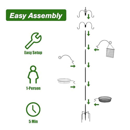 Bird Feeding Station, 90.55in 6-Hook Wild Bird Feeder Stand Pole with Water & Mesh Tray Humming Bird Feeders for Outdoors Easy Assembly for Courtyards Gardens (Black) - size: 90.55in