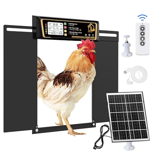 Large Automatic Chicken Coop Door Solar Powered, Charge with 7W Solar Panel Auto Chicken Door, Aluminum Electric Poultry Door with Time & Light Sensor, Remote Control