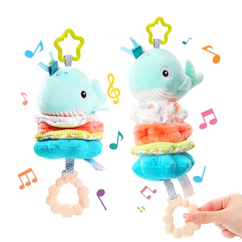 Jollybaby Baby Musical Pull String Hanging Toy for Stroller Car Seat Crib Play Gym, Plush Stuffed Whale Toy for Carseat with Music Teether Crinkle Paper, Sensory Toy for 0-6-12-18 Months Baby Gift - style: Whale