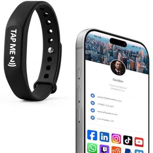 Smart Digital Business Card Wristband with NFC & QR Code - Social Media Sharing Bracelet - Tap to Share Profile - Compatible with iOS & Android (Black) - color: Black