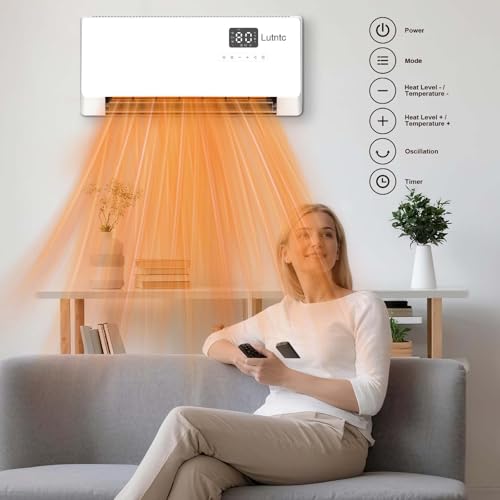 Electric Wall Mounted Heater with Remote Control, 24H Timer, ECO Mode, Quick Heating Space Heater for Bedroom, Living Room