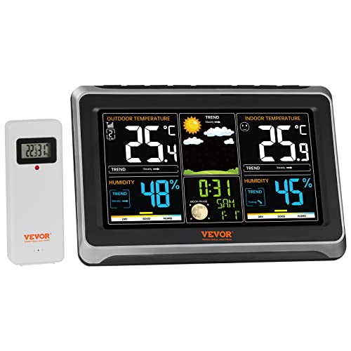 VEVOR Weather Station Indoor Outdoor, 7.5 in Color Display, Wireless Digital Home Weather Station, with Sensor Atomic Clock Adjustable Backlight Forecast Data Calendar Alarm Alert Temperature-NO WiFi - style: Indoor Weather Station