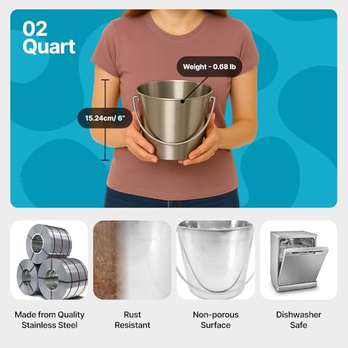 0.5 Gallon Heavy Duty Stainless Steel Bucket - Rust-Resistant Metal Bucket for Feeding & Watering Pets, Livestock & Cleaning - Perfect for Crates, Kennels, Cages & Hang on Fences - 2 Quart - size: 2 Quarts