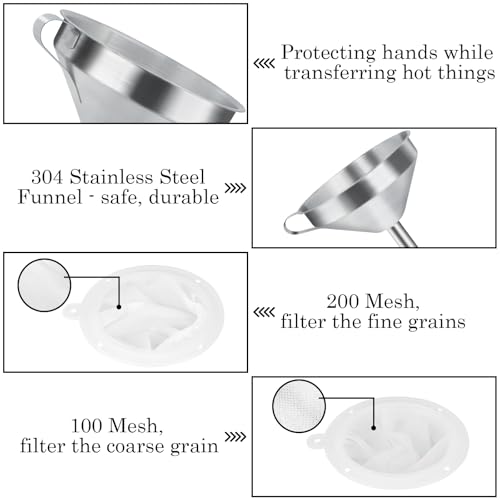 WMKGG 304 Stainless Steel Funnel, 5 Inch Funnels for Kitchen Use Filling Bottles, with 200 Mesh and 100 Mesh Fine Mesh Strainer, for Oils, Juice, Wine, Coffee, Milk, Tea, Powder - size: Funnels+Strainer