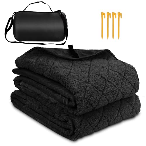 Northroad Waterproof Outdoor Blanket w/Sherpa Lining, Large Windproof Camping Blankets for Cold Weather, Light Weight and Warm for Stadium, Hiking, Dog, Picnic, Washable, 67”X 87” (Black, 1PCS) - color: Sherpa Black-300 Gsm, size: 87"x 67"