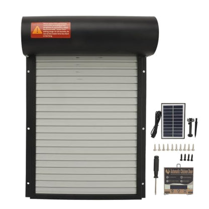 Metal Solar Powered Door for Duck Goose Farm, Automatic Chicken Coop Door, Roller Shutter Coops Cages with Timer Manual Mode for Protecting Poultry (Black)