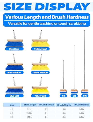 BLUEWING 4ft/6ft/8ft Heavy Duty Deck Brush with Carbon Fiber Long Handle and Soft/Medium/Hard Bristle Scrubbing Washing Outdoor Boat Cleaning Brushing Tools - color: Yellow - Hard, size: 6ft