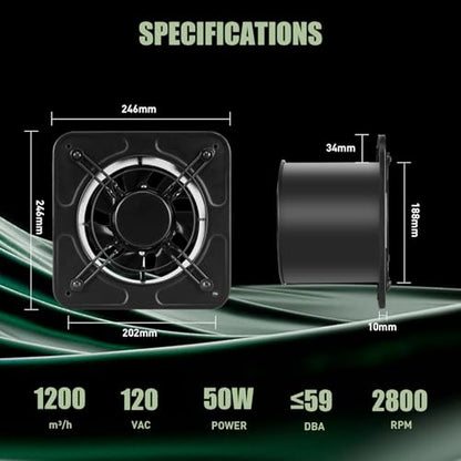 FAREAST 8 Inch Garage Exhaust Fan, Wall Mounted Kitchen Exhaust Fan, Metal Attic Fan with Backdraft Damper, 1200 m³/h Air Volume Vent Fan for Greenhouse, Basement, Window Ventilation (Black)
