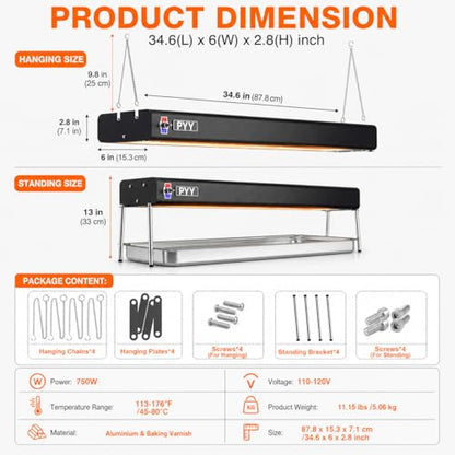 PYY Food Heat Lamp - Food Warming Lamp Heater for Catering Kitchen Restaurant Buffet, Aluminum Overhead & Hanging Food Warmer Lamp Strip 750W,36 Inch,Black