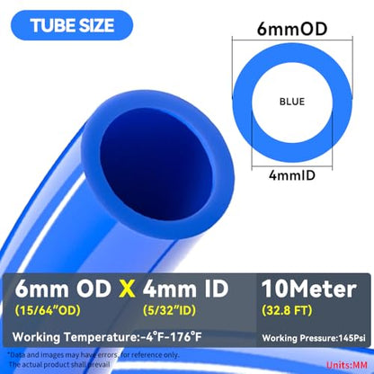 PNEUMATIC Blue 6mm OD 4mm ID Polyurethane PU Air Hose Pipe Tube 10 Meter 32.8ft - color: Blue, size: 6x4mm/32.8FT/10M