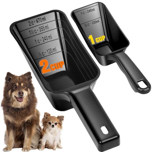 2-Pack Dog Food Scoop Set,1 Cup and 2 Cup Plastic Pet Food Measuring Scoops with Clear Measurement Lines,Multi-Purpose Pet Food Scooper for Dogs, Cats (Black) - color: Black