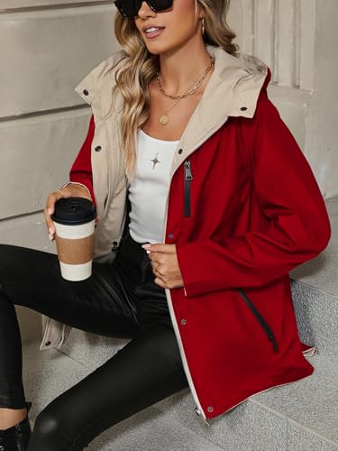 Bellivera Women's Lightweight Coat Windbreaker Zip Up Long Sleeve Jacket Outdoor Raincoat with Hood - color: Red Windbreaker, size: X-Large