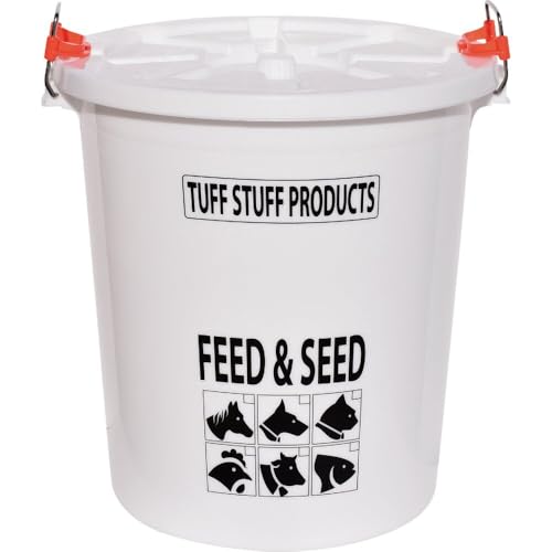 Tuff Stuff Products FS17 17 Gallon Seed and Animal Feed Heavy Duty Plastic Drum Bucket with Lock Lid for Dogs, Cats, Chickens, Cows, and Horses, White