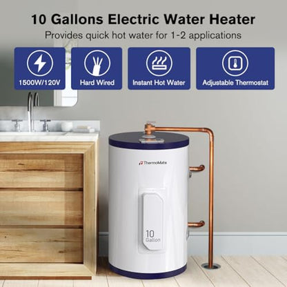 Thermomate Tank Water Heater - 10 Gallon Point of Use Hot Water Heater, 120V 1500W, Adjustable Thermostat, UL Listed (ES1000) - style: 10 Gallons