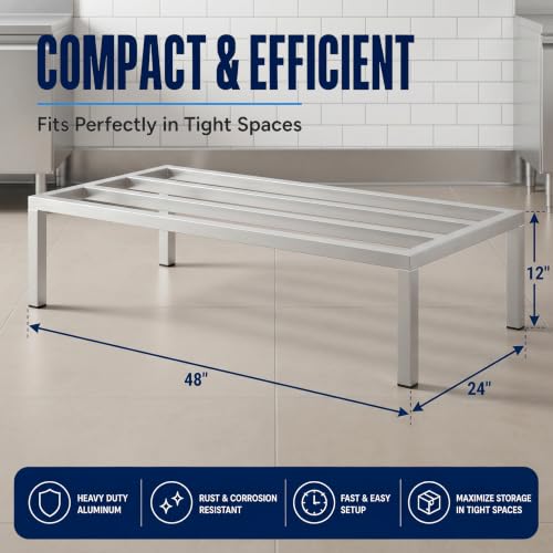 48" x 24" x 12" Aluminum Dunnage Rack – Heavy Duty Floor Storage Stand, NSF for Commercial Use - size: 48"W x 24"D x 12"H