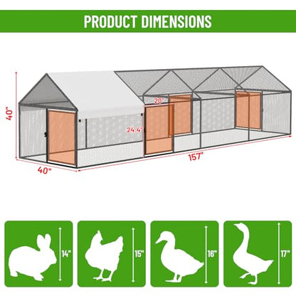 NUGRIART Metal Chicken Coop 157"×40"×40" Chicken Run with Waterproof Cover Portable Poultry Cage Walk in Hen House Outdoor Backyard Farm Animal Enclosure Crate Pet Playpen Exercise Pen for Rabbit Duck - size: 157.0"L x 40.0"W x 40.0"H