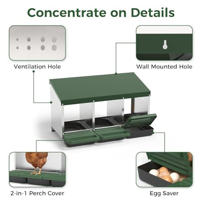 Metal Chicken Nesting Box – 3 Holes, Roll Away Egg Laying, Heavy Duty Galvanized Steel, Protective Lid, Wall Mounted or Freestanding, Easy Clean, Vented Pegboard Design, Green (Pegboard - color: Green, size: 3 Room&Mat Board