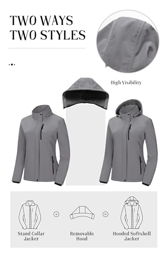 Pursky Women's Softshell Jacket Lightweight Fleece Lined Rain Jacket Waterproof Warm Windbreaker Coat With Removable Hood - color: Light Grey, size: XX-Large