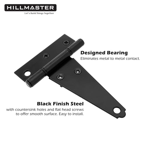 HILLMASTER 4 Inch T-Strap Hinges Heavy Duty Shed Door Hinges Gate Strap Hinges Black Tee Hinge Wrought Gate Hardware Small T Hinges for Wooden Fences,Shutter,Window,Barn,Outdoor Rustproof(6 Pack) - size: 4in 6Pack