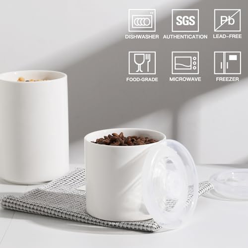 Sweejar Ceramic Food Storage Jar, Salt Container with Airtight Plastic Lid & Date Tracker, 28 Oz Kitchen Canisters for Flour, Rice, Sugar, Coffee, Spices, Pantry Organization (White) - color: White, style: 28 Fl Oz (Plastic Lid)