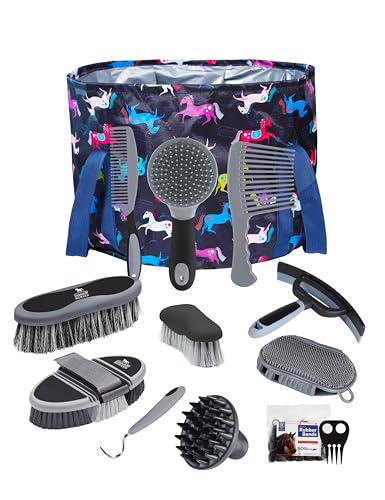 Harrison Howard Complete Horse Grooming Set, 11-Piece Advanced Daily Grooming Tools with Extra Brushes for Full Horse Care Black Brushstroke Ponies - color: Black