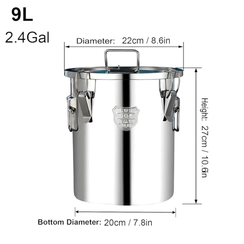 304 Stainless Steel Flour Canister, 9L/2.4Gal Airtight Metal Canisters with Lids, Stainless Steel Storage Containers for Kitchen Outdoor - size: Standard 9L/2.4gal