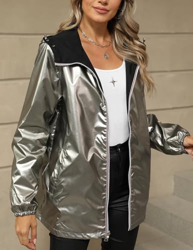 Bellivera Women's Lightweight Coat Windbreaker Zip Up Long Sleeve Jacket Outdoor Raincoat with Hood - color: Silver Windbreaker, size: X-Large