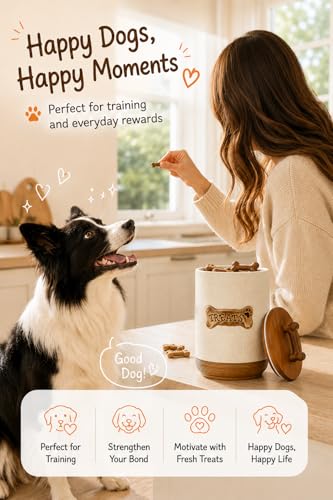 Miamolo Airtight Dog Treat Container, Dog Food Storage Container, Ceramic Dog Treat Jar with Wood Lid and Handle, Pet Treats Canister for Countertop, Farmhouse Gift for Dog Lovers, Bone Glinting White - color: Bone Glinting White