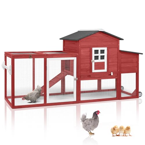 79" L Chicken Coop with Run, Mobile Chicken Hen House with Nesting Boxes, Wheels, Outdoor Indoor Rabbit Hutch, Poultry Cage for Chickens Ducks Bunny with Removable Tray, Ramp (Red) - color: 79" L Red