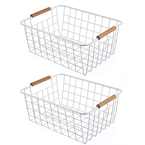 Wire Basket 2 Pcs Wire Storage Baskets Wire Baskets Organizing with Wooden Handles Wire Basket Pantry Organization and Storage Metal Wire Food Storage Basket for Kitchen, Cabinets (White 2PCS) - color: White 2PCS