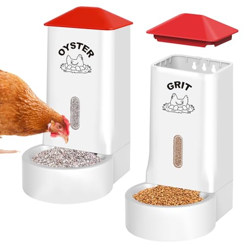 2Pack Oyster Shell and Grit Feeder Combo, PVC Chicken Feeder with Viewing Window/Lid, Hanging Gravity Chicken Grit Feeder, Coop Accessories for Healthier Hens and Eggs