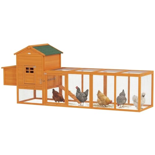 PawHut 118" Extra Large Chicken Coop with Asphalt Roof, Wooden Hen Run with Slide-Out Tray and Nesting Box, Chicken Hutch for 3-6 Chickens, Orange - color: Orange