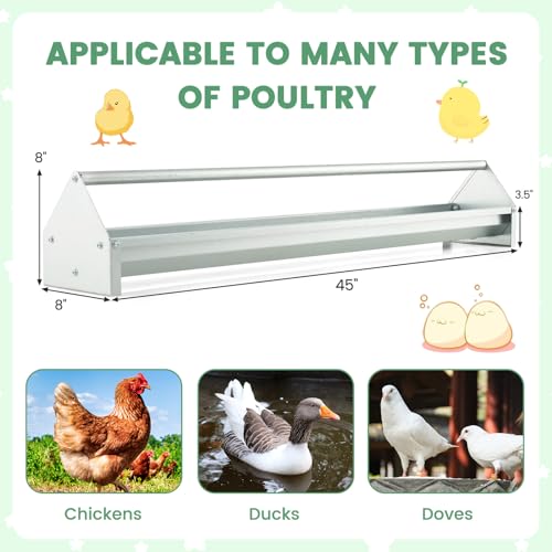PETSITE 45 Inches Long Chicken Feeding Trough, Heavy Duty Galvanized Steel Chicken Feeder with Crossbar and Drainage Holes, Large Capacity Poultry Feeder Trough for Duck Geese Pigeon