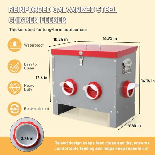 Automatic Chicken Feeder-40LB Metal Poultry Feeder No Waste with 6 Feeding Ports, Rat Proof Auto Chicken Feeders with Rust-Resistant Steel Frame, Locking Lid & Handle for Duck Geese Outdoor Use