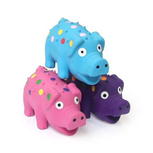 Squeaky Pig Dog Toys 3-Pack, Interactive Latex Piggy Chew Toys Set with Squeak Sounds for Teething Puppy, Small, Medium Dogs (Blue+Pink+Purple)