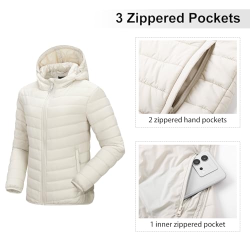 Outdoor Ventures Women's Packable Lightweight Full-Zip Puffer Jacket with Hood Quilted Winter Coat - color: Beige(fold in Pocket), size: X-Small