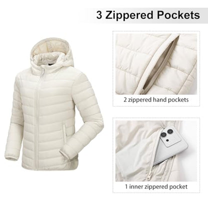 Outdoor Ventures Women's Packable Lightweight Full-Zip Puffer Jacket with Hood Quilted Winter Coat - color: Beige(fold in Pocket), size: X-Small