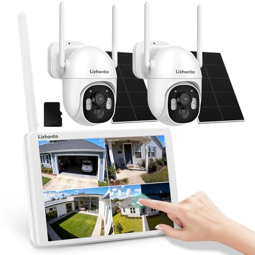 4MP Solar Wireless Security Cameras with Touch Monitor, 2-Cam Kit | 10CH Expandable, 64GB Local Storage, No Monthly Fee, WiFi, Color Night Vision, Motion Alerts for Yard Garage, IP 66 Outdoor