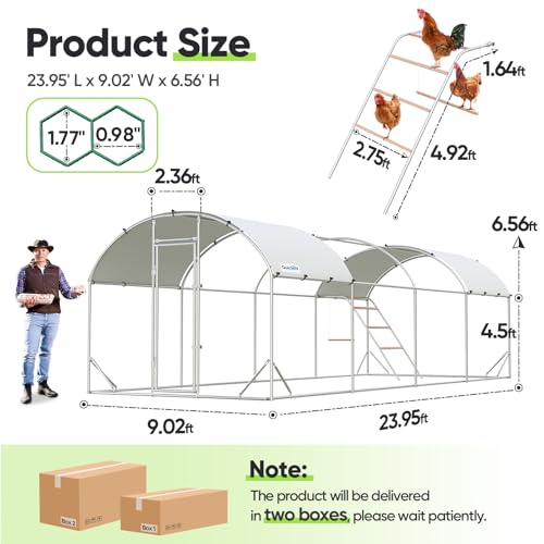 Quictent Essential Series 24x9x6.6ft Metal Chicken Coop Run with Climbing Ladder, Walk-in Outdoor Poultry Cage with PVC Coated Chicken Wire, Hen Duck Rabbit Farm House, Waterproof Anti-UV Cover - size: 24x9ft
