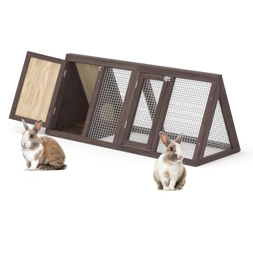 Rabbit Hutch, Small Chicken Coop Outdoor A-Frame Quail Cage with 2 Door & Run Cage Wooden Triangle Quail Hutch with Ventilating Wire Poultry Hutch for Small Animal (Brown) - color: Brown
