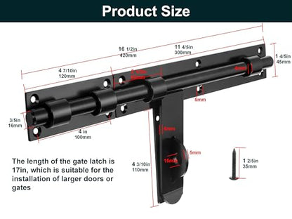 17" Slide Bolt Gate Latch，Face Mount Weld/Screws on gate Left/Right Side | Thickened for Large Wooden/Metal Gates，Fence Gate Latch, Barn Door Lock,Latch Hardware(Patent Pending)