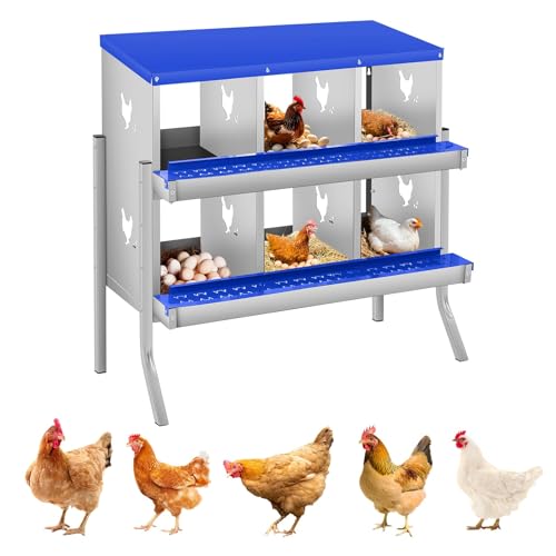 6 Compartment Chicken Nesting Boxes, Metal Roll Away Egg Laying Boxes with Removable Tray & Lid Cover, Chicken Coop Nest Box for Hens, Egg Protection Design (with Legs) Blue - color: Blue, size: 6 hole - with leg
