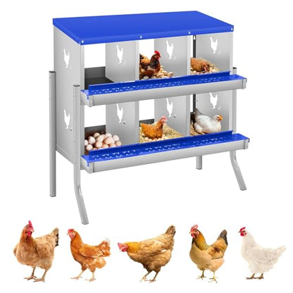 6 Compartment Chicken Nesting Boxes, Metal Roll Away Egg Laying Boxes with Removable Tray & Lid Cover, Chicken Coop Nest Box for Hens, Egg Protection Design (with Legs) Blue - color: Blue, size: 6 hole - with leg