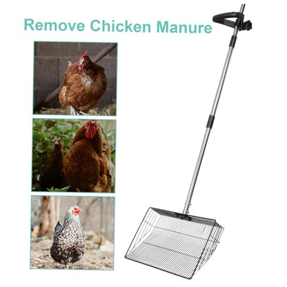 Metal Scooper with Long Handle Chicken Coop Cleaning Shovel Heavy Duty Poultry Manure Scoop for Farm and Home Use 38cm