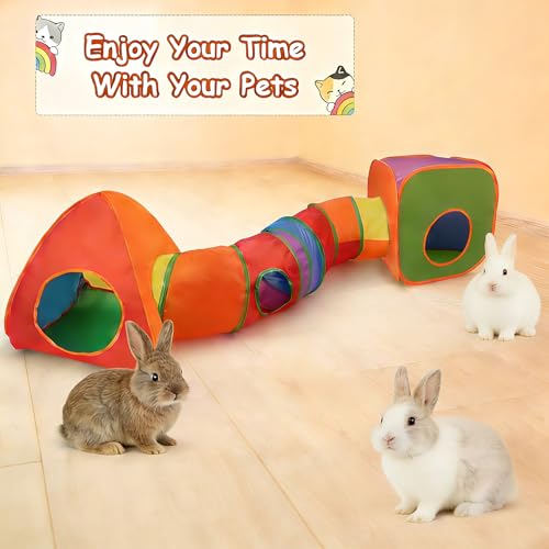 YUEPET Rabbit Tunnel and Cube Collapsible Tent Bunny Interactive Crinkle Tunnel Toys Small Animal Hideout with Play Ball for Dwarf Rabbit Bunny Guinea Pig (Rainbow) - color: Rainbow