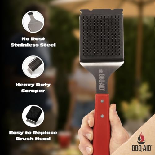 BBQ Grill Brush for Outdoor Grill Cleaner and Scraper, Replaceable Head | Barbecue grill cleaning brush with no-scratch stainless steel bristles and extended red handle, safe for any grill grate - color: Red